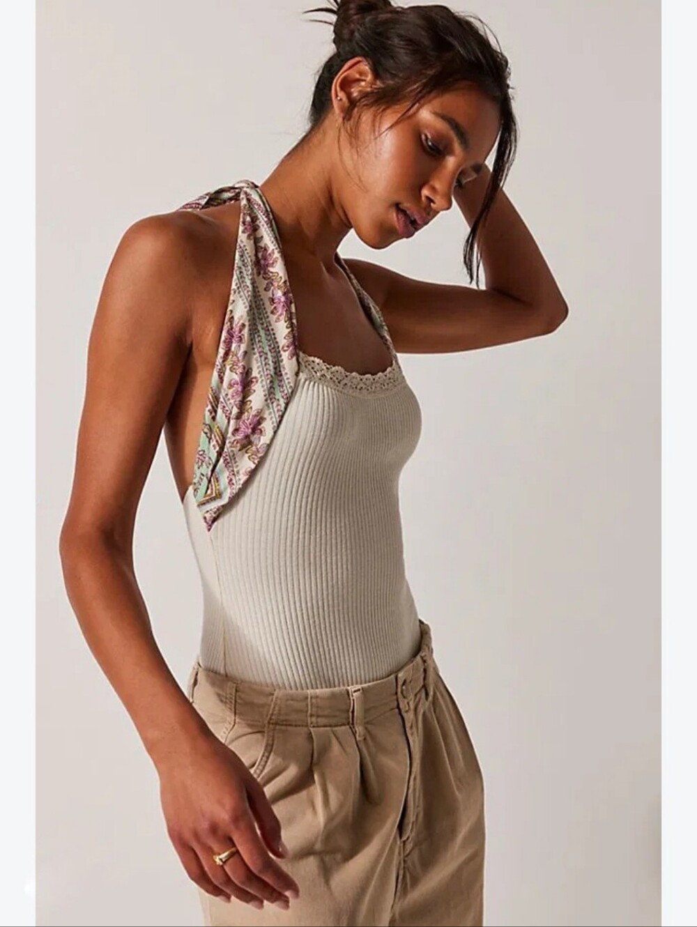 Free People Eye For U Halter Women L Cream Ribbed Tie-Strap Bodysuit Lace Trim